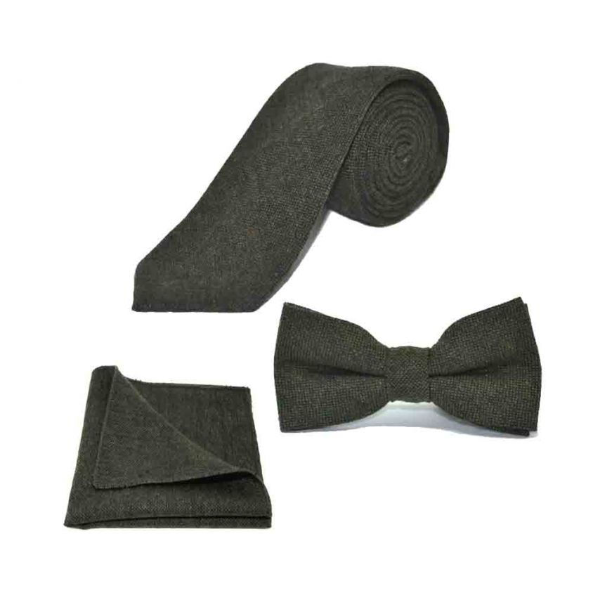 Highland Weave Forest Green Bow Tie, Tie & Pocket Square Set