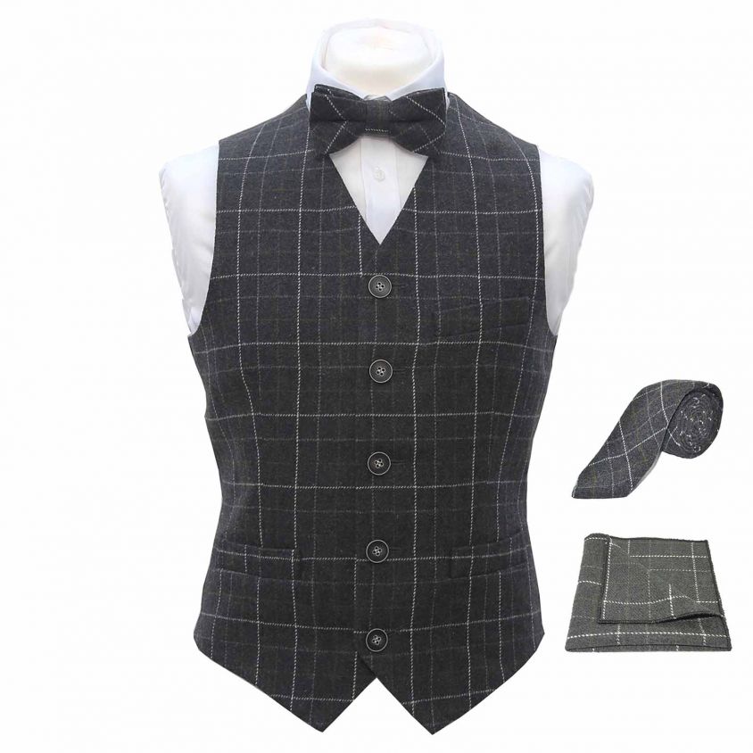 Heritage Check Charcoal Grey Waistcoat & Matching Bow Tie, Tie & Pocket Square