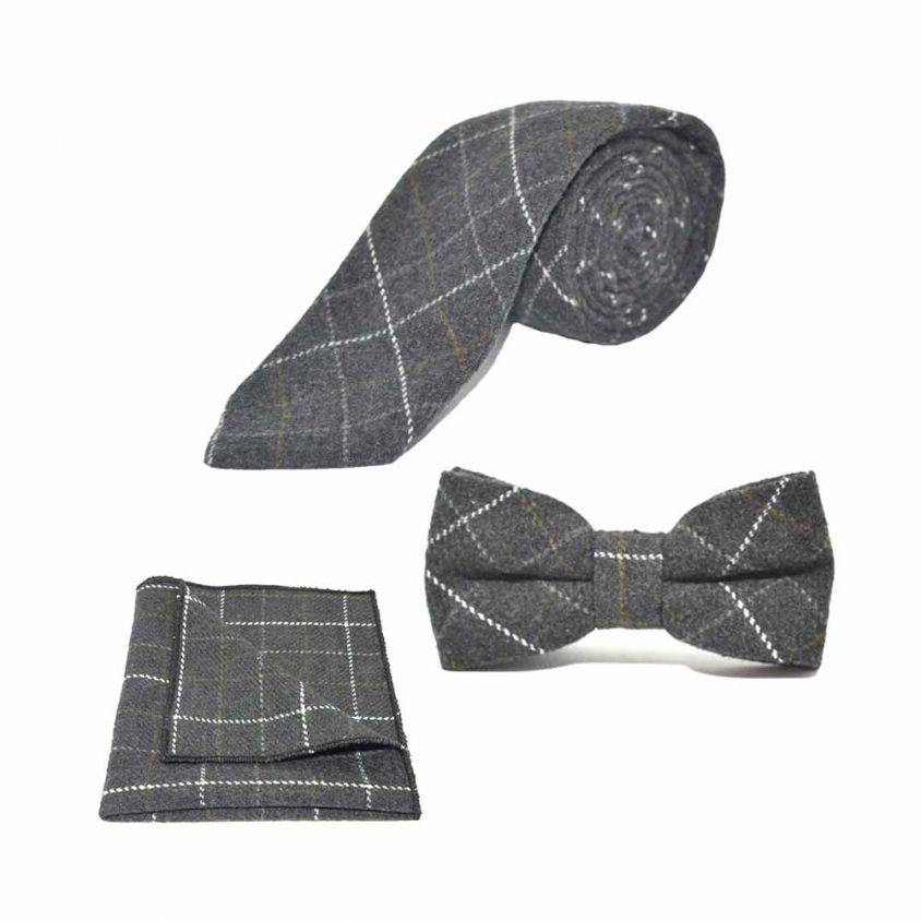 Heritage Check Charcoal Grey Bow Tie, Tie & Pocket Square Set
