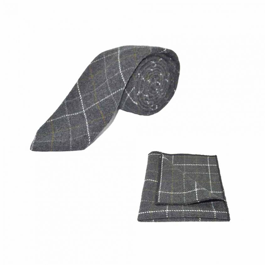 Heritage Check Charcoal Grey Tie & Pocket Square Set
