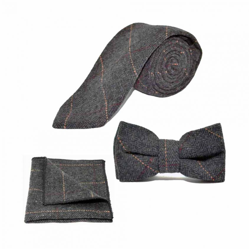 Luxury Herringbone Charcoal Grey Tweed Bow Tie, Tie & Pocket Square Set
