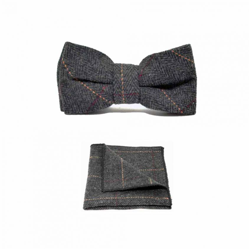 Luxury Herringbone Charcoal Grey Tweed Bow Tie & Pocket Square Set