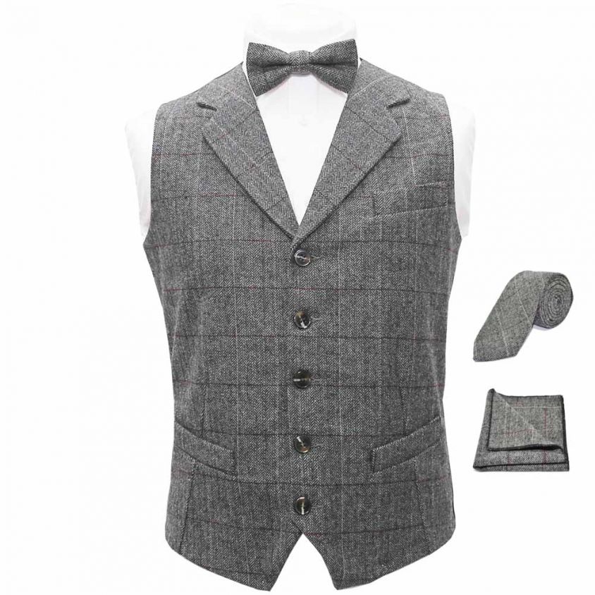 Luxury Herringbone Pewter Grey Waistcoat, Bow Tie, Tie & Pocket Square Set