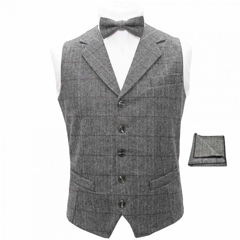 Luxury Herringbone Pewter Grey Waistcoat, Bow Tie & Pocket Square Set