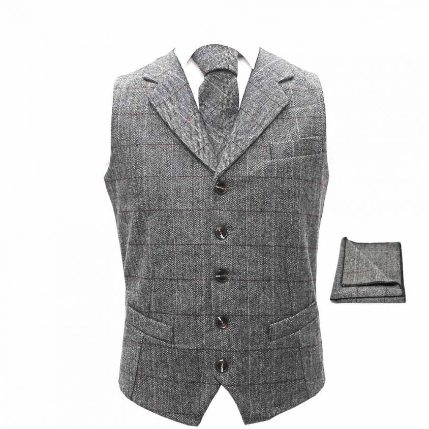 Luxury Herringbone Pewter Grey Waistcoat, Tie & Pocket Square Set
