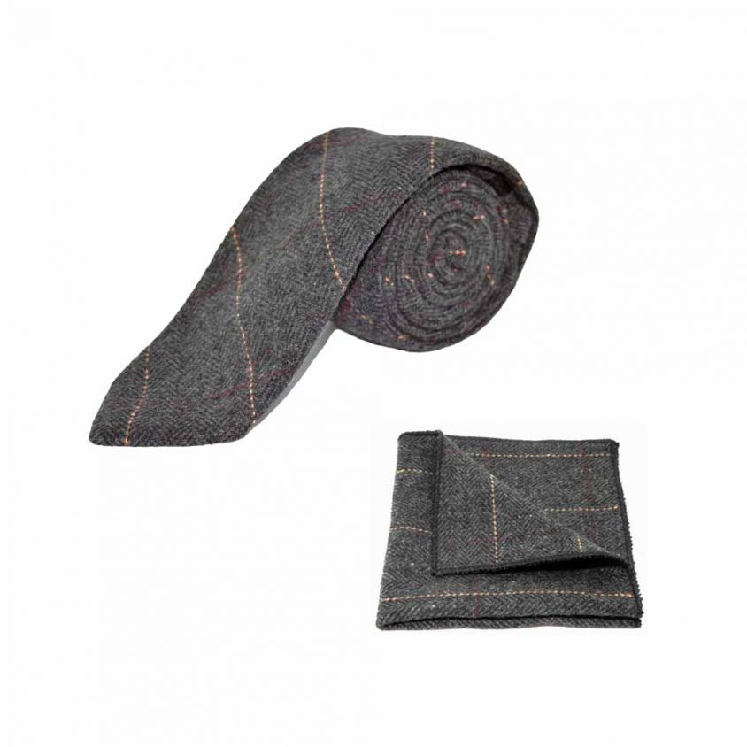 Luxury Herringbone Charcoal Grey Tweed Tie & Pocket Square Set