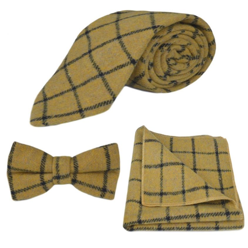 Honey Brown Birdseye Check Tie, Bow Tie & Pocket Square Set