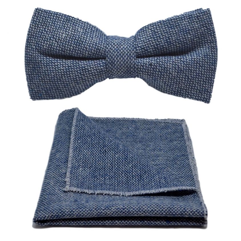 Highland Weave Stonewashed Blue Bow Tie & Pocket Square Set