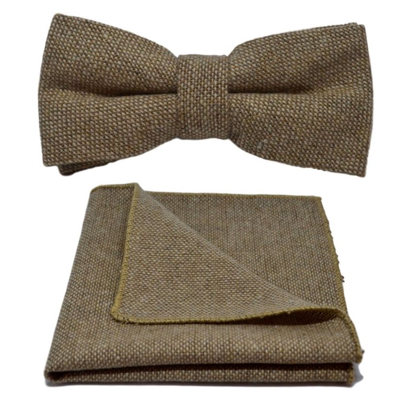 Highland Weave Stonewashed Light Brown Bow Tie & Pocket Square Set