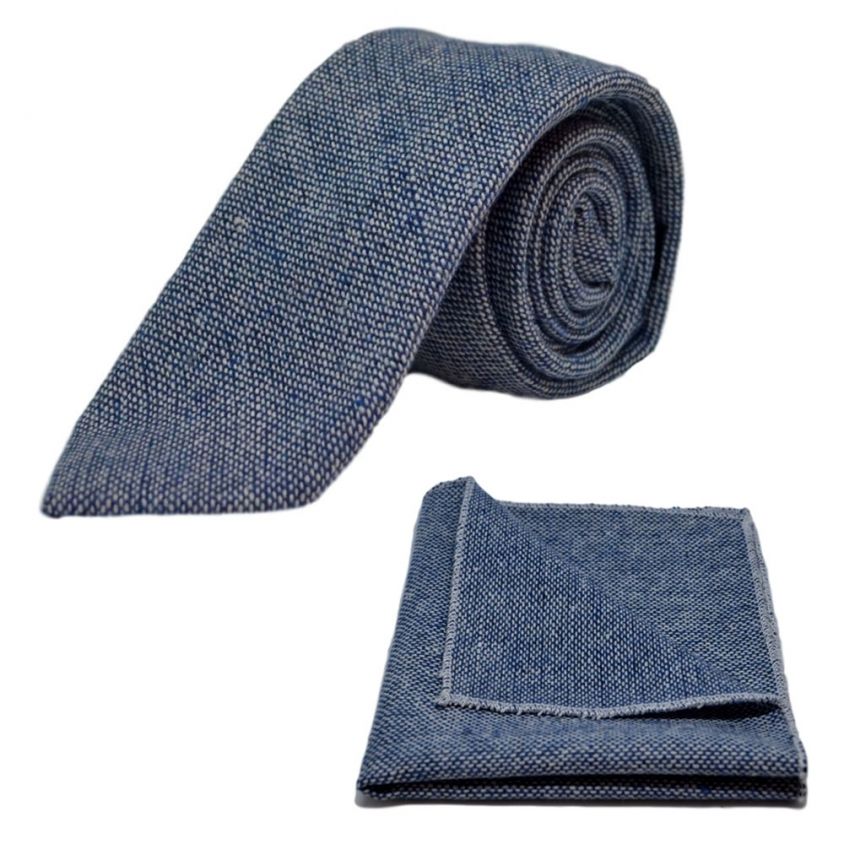 Highland Weave Stonewashed Blue Tie & Pocket Square Set
