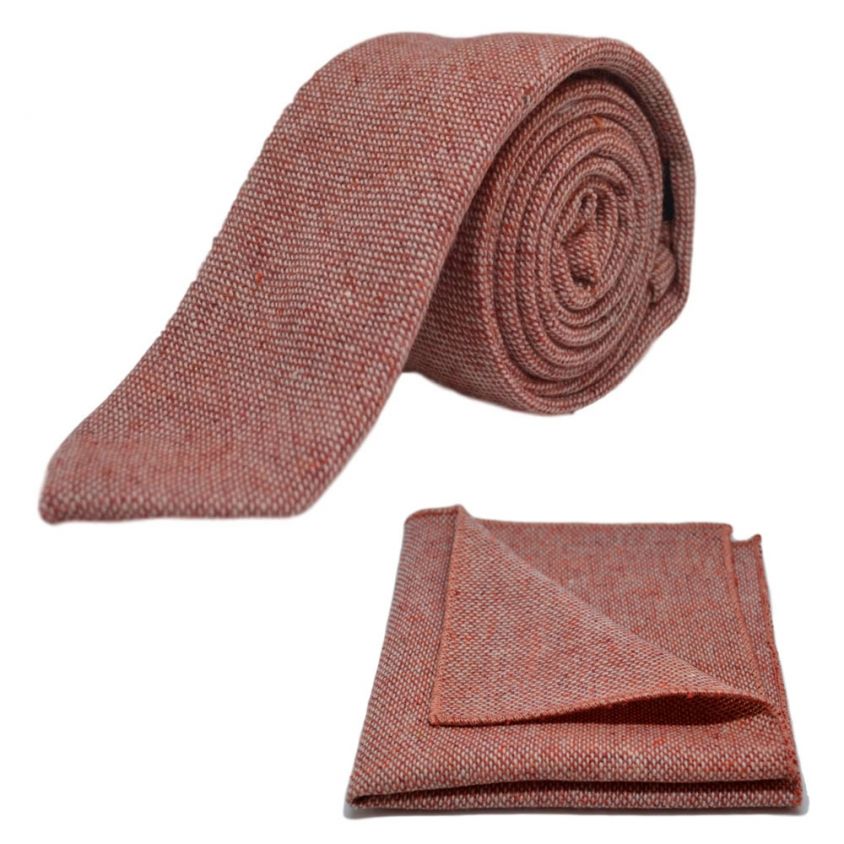 Highland Weave Stonewashed Brick Red Tie & Pocket Square Set