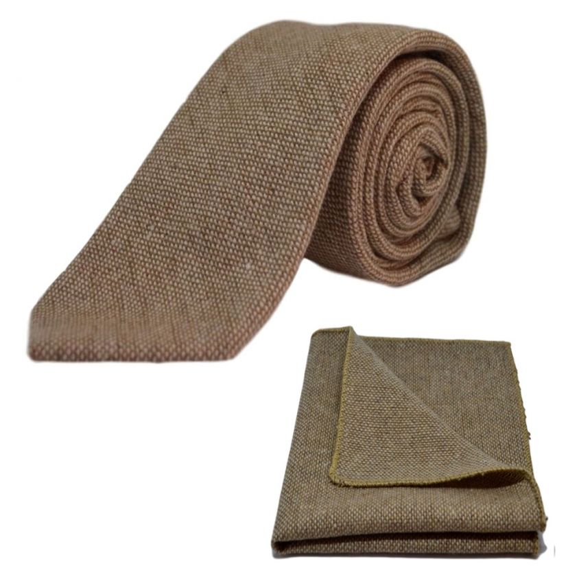 Highland Weave Stonewashed Light Brown Tie & Pocket Square Set