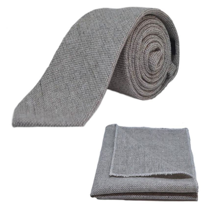 Highland Weave Stonewashed Light Grey Tie & Pocket Square Set