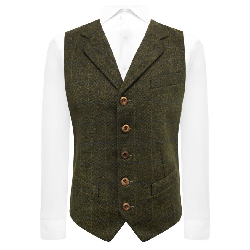 Juniper Green Herringbone Check Waistcoat with Lapel