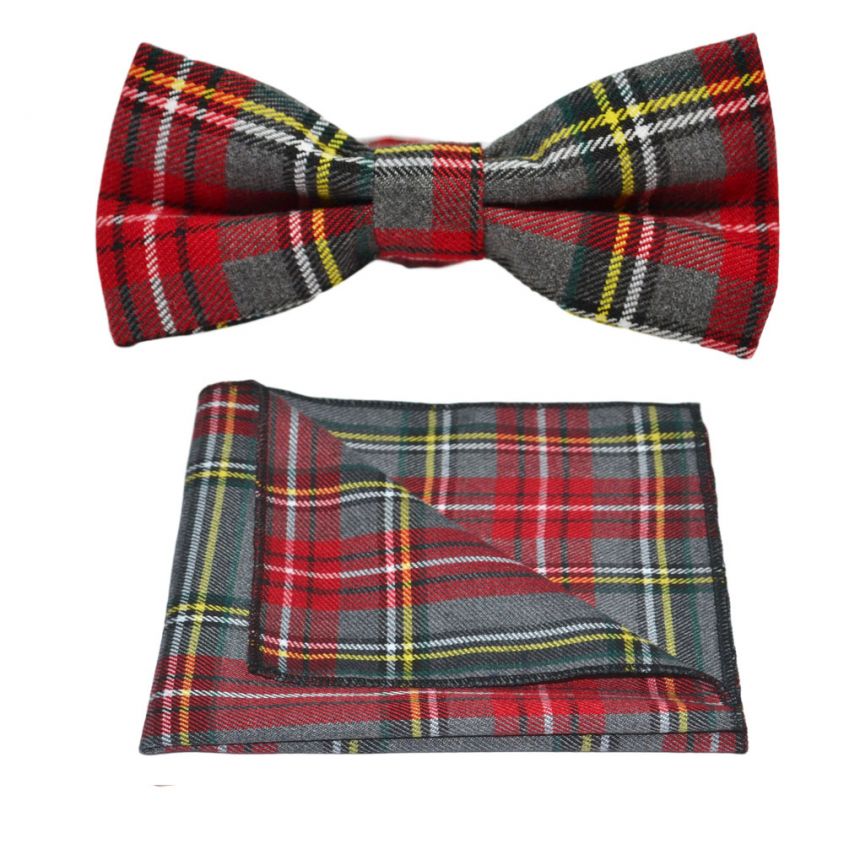 Traditional Light Grey & Red Tartan Bow Tie & Pocket Square Set