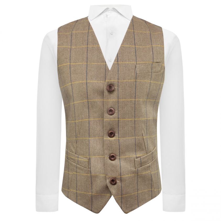 Light Oak Brown Herringbone Check Waistcoat
