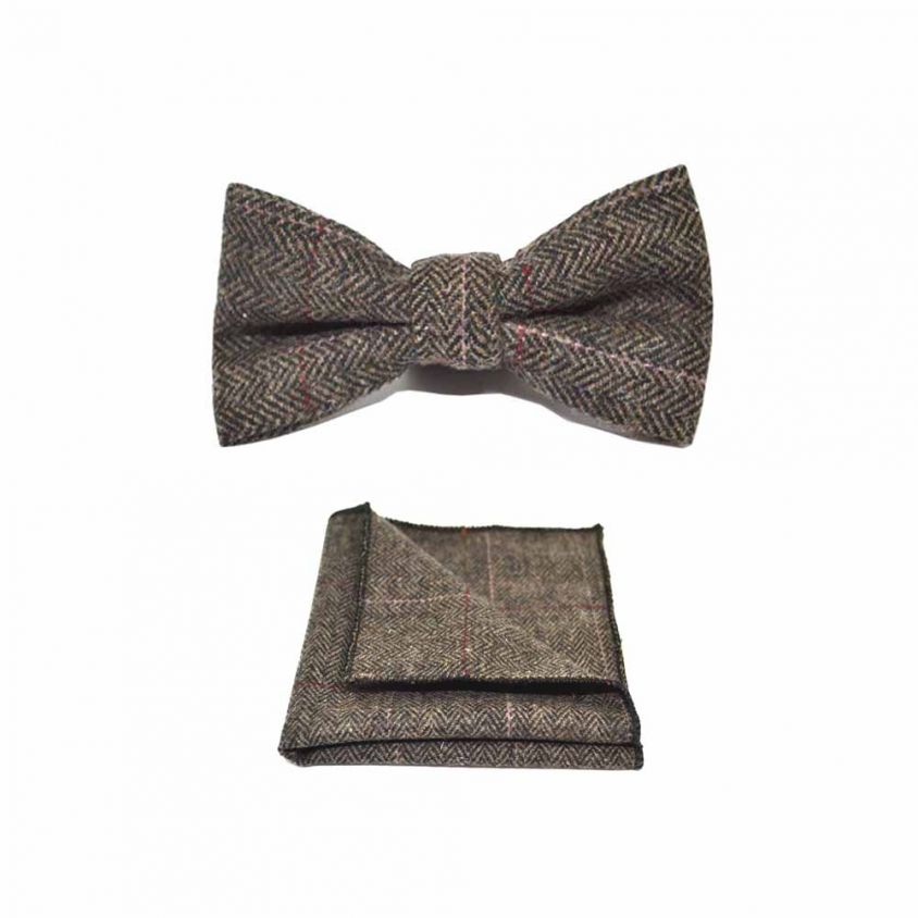 Luxury Herringbone Mocha Brown Bow Tie & Pocket Square Set