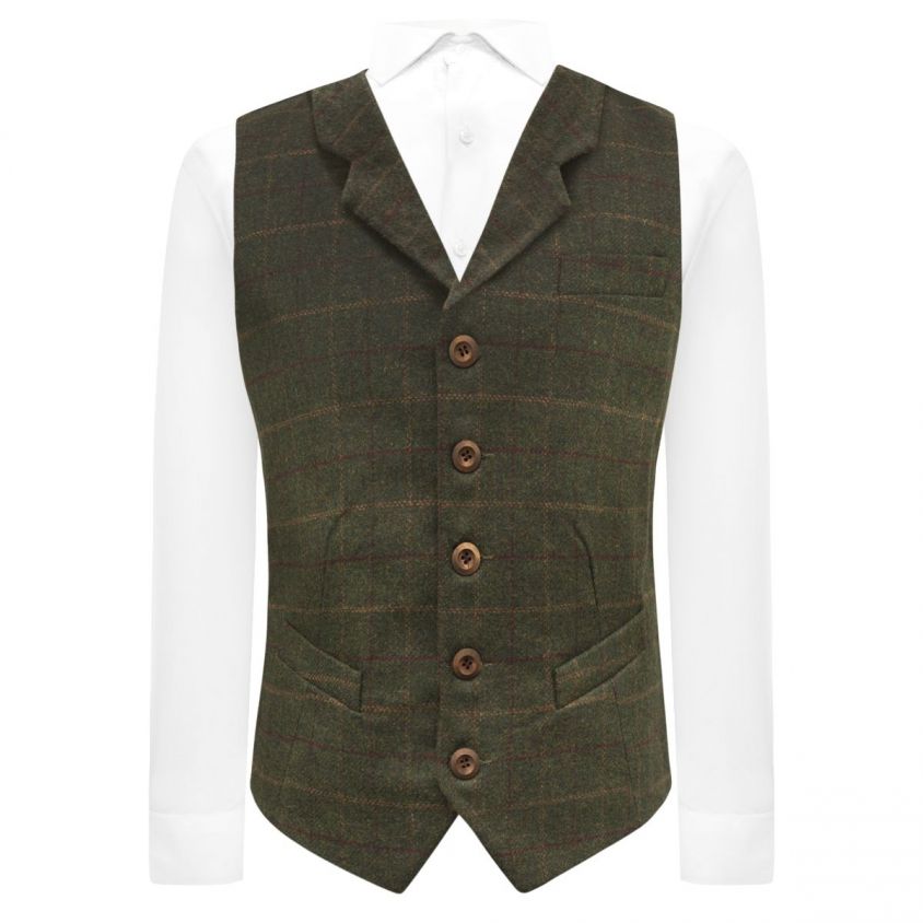 Heritage Check Moss Green Waistcoat with Lapel