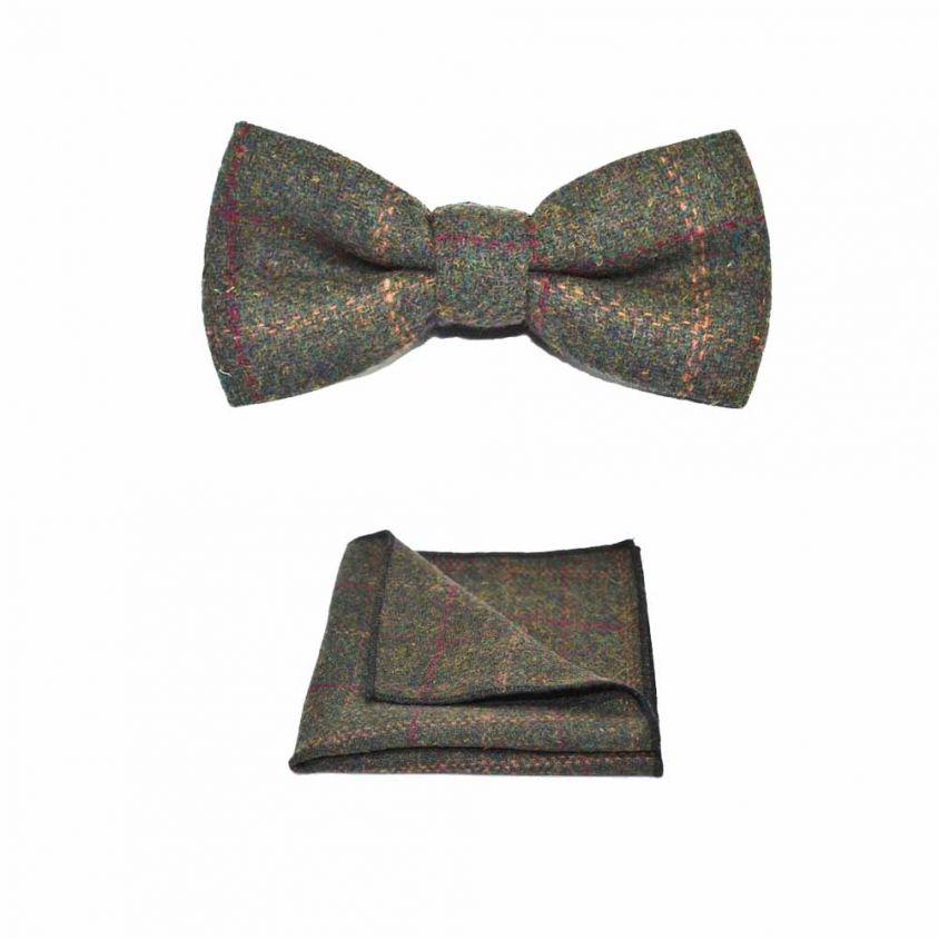 Heritage Check Moss Green Bow Tie & Pocket Square Set