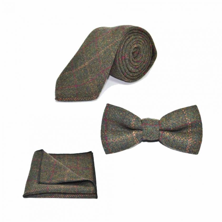 Heritage Check Moss Green Bow Tie, Tie & Pocket Square Set