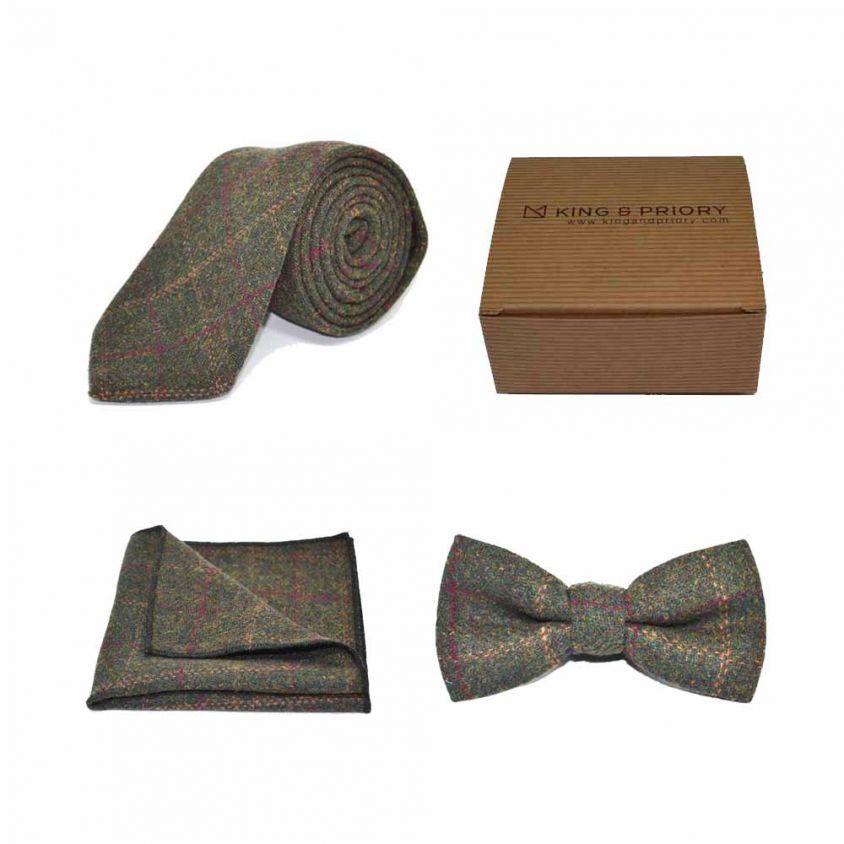 Heritage Check Moss Green Bow Tie, Tie & Pocket Square Set | Boxed