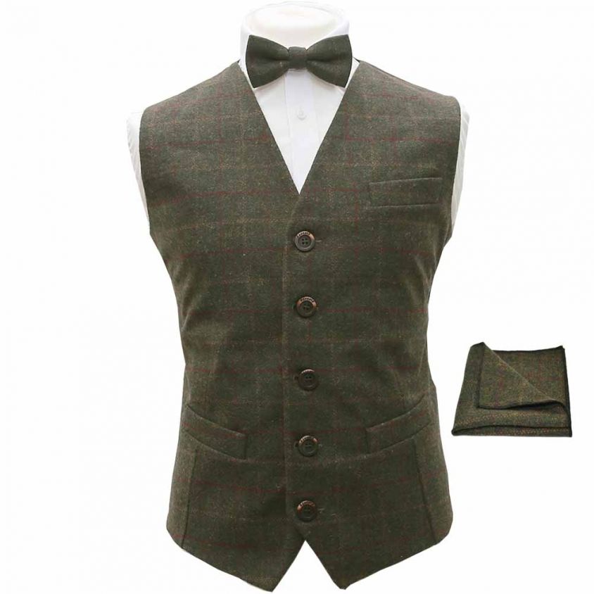 Heritage Check Moss Green Waistcoat, Bow Tie & Pocket Square Set
