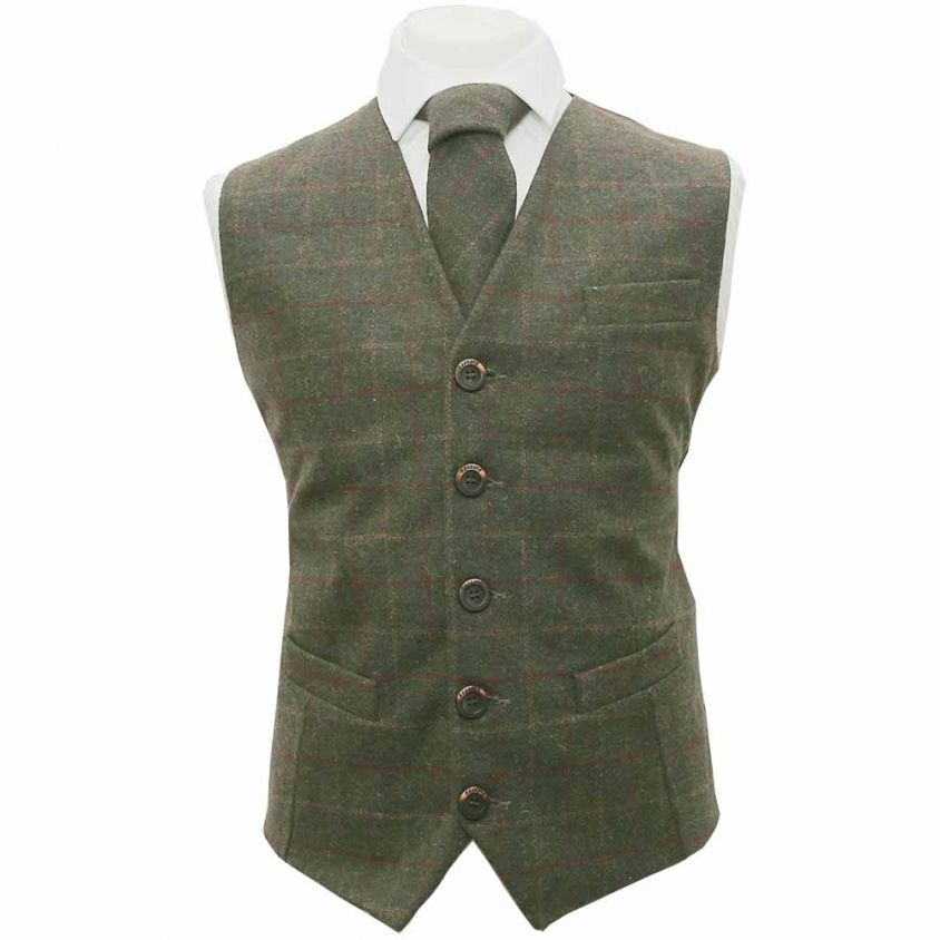 Heritage Check Moss Green Waistcoat & Tie Set