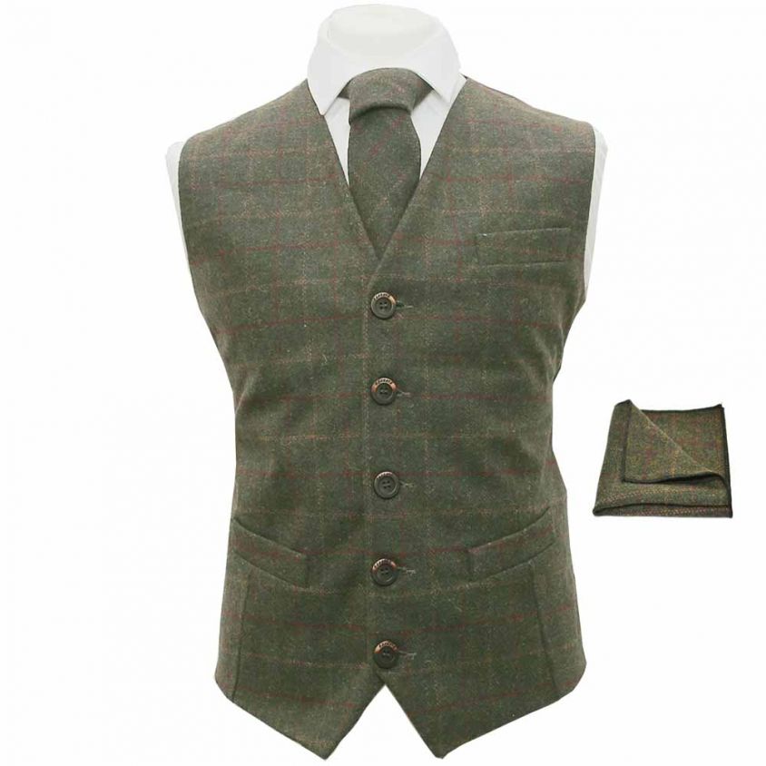 Heritage Check Moss Green Waistcoat, Tie & Pocket Square Set