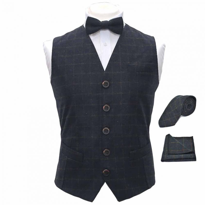 Heritage Check Navy Blue Waistcoat, Bow Tie, Tie & Pocket Square Set