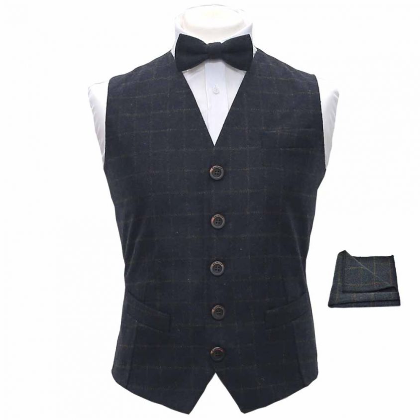 Heritage Check Navy Blue Waistcoat, Bow Tie & Pocket Square Set