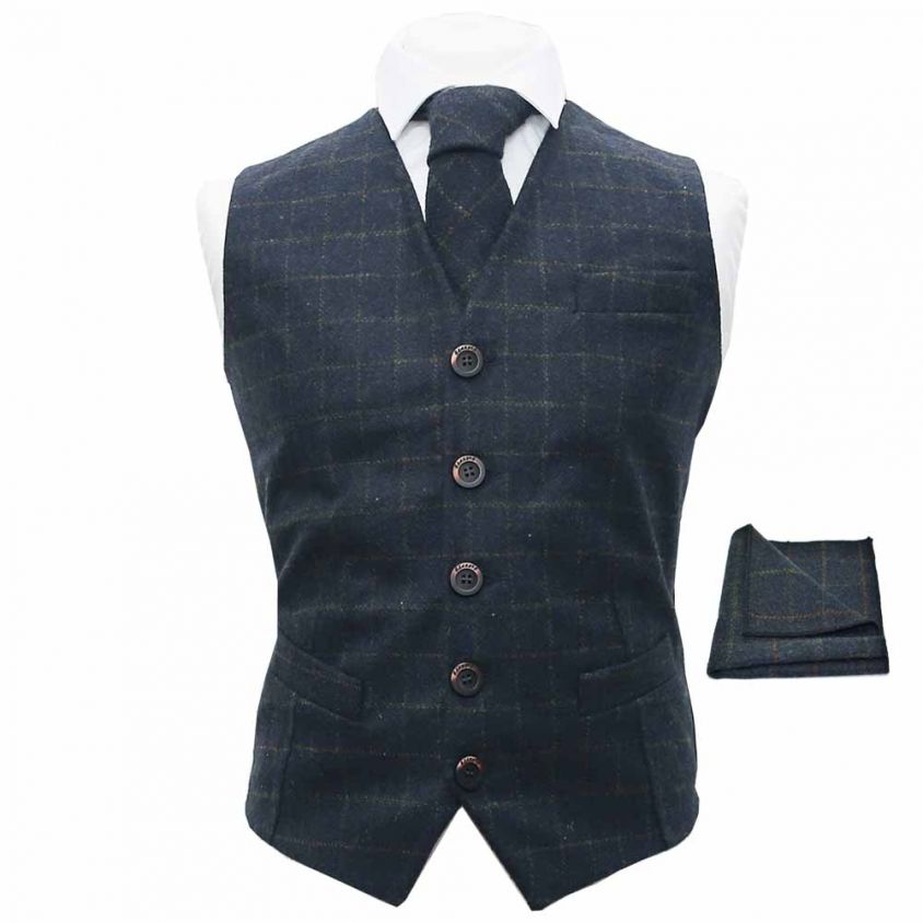 Heritage Check Navy Blue Waistcoat, Tie & Pocket Square Set