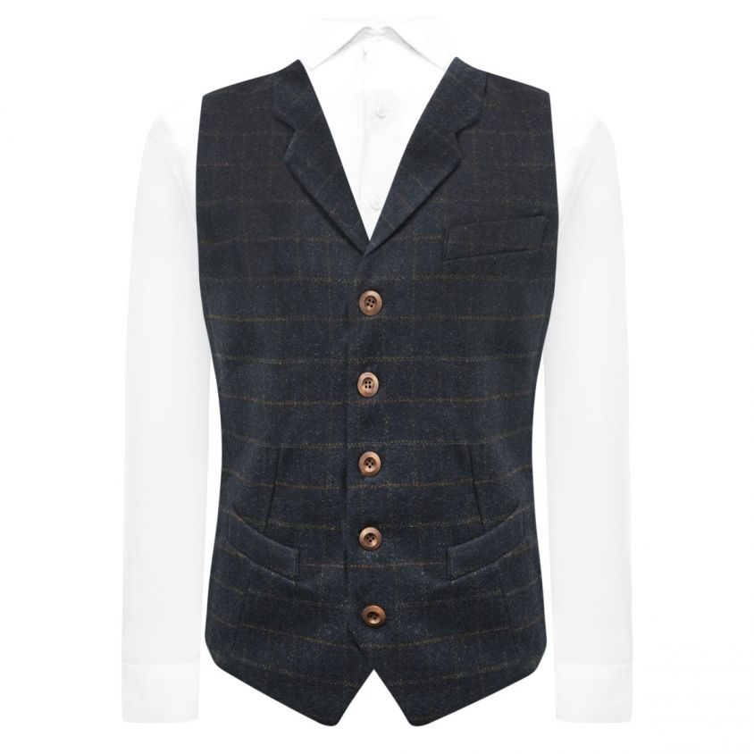 Navy Blue Heritage Check Waistcoat with Lapel