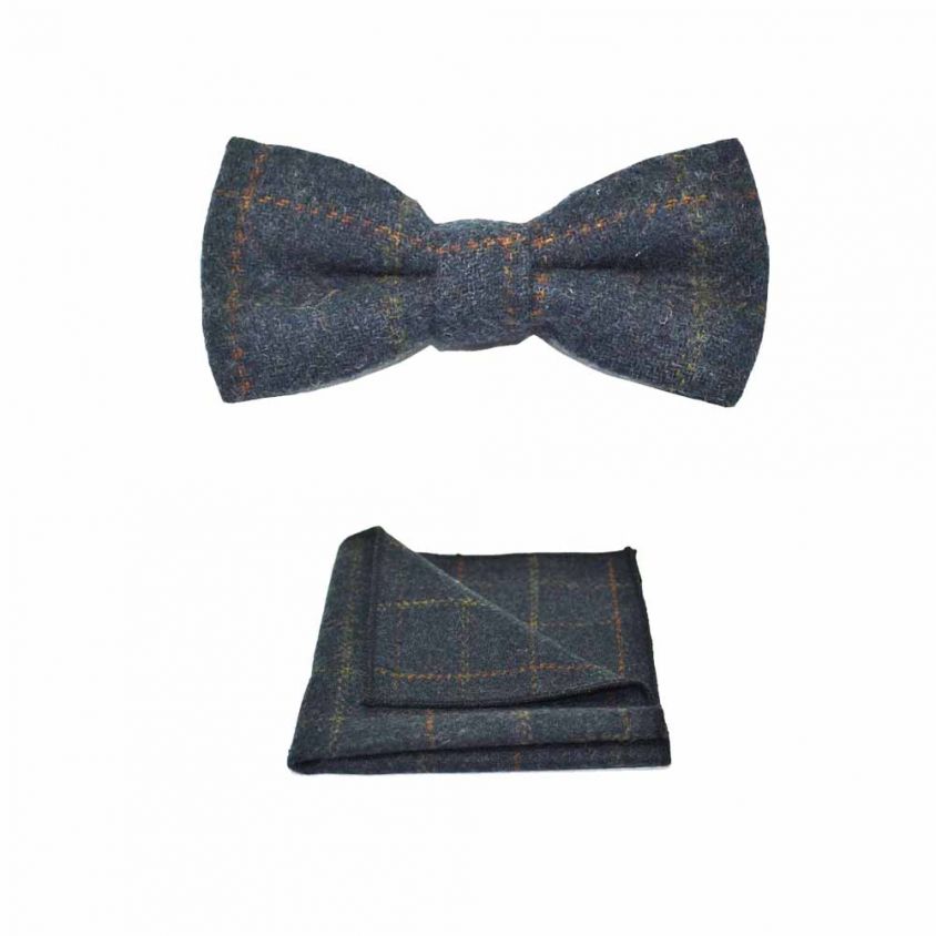 Heritage Check Navy Blue Bow Tie & Pocket Square Set