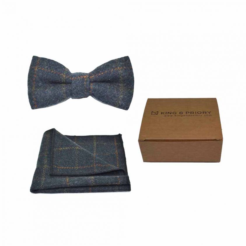Heritage Check Navy Blue Bow Tie & Pocket Square Set | Boxed