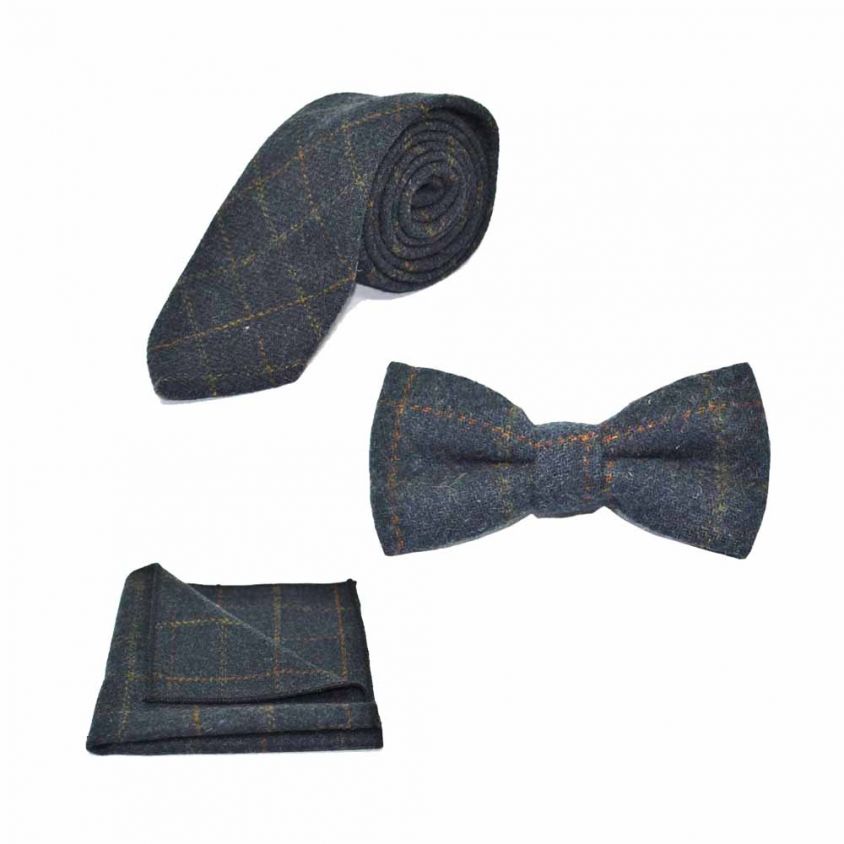 Heritage Check Navy Blue Bow Tie, Tie & Pocket Square Set