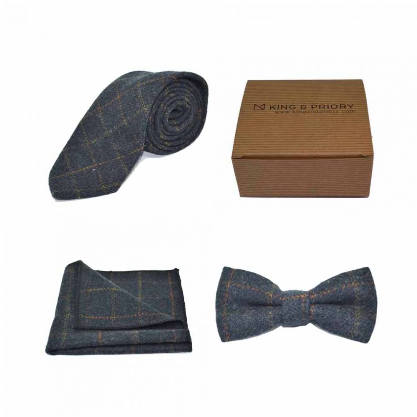 Heritage Check Navy Blue Bow Tie, Tie & Pocket Square Set | Boxed
