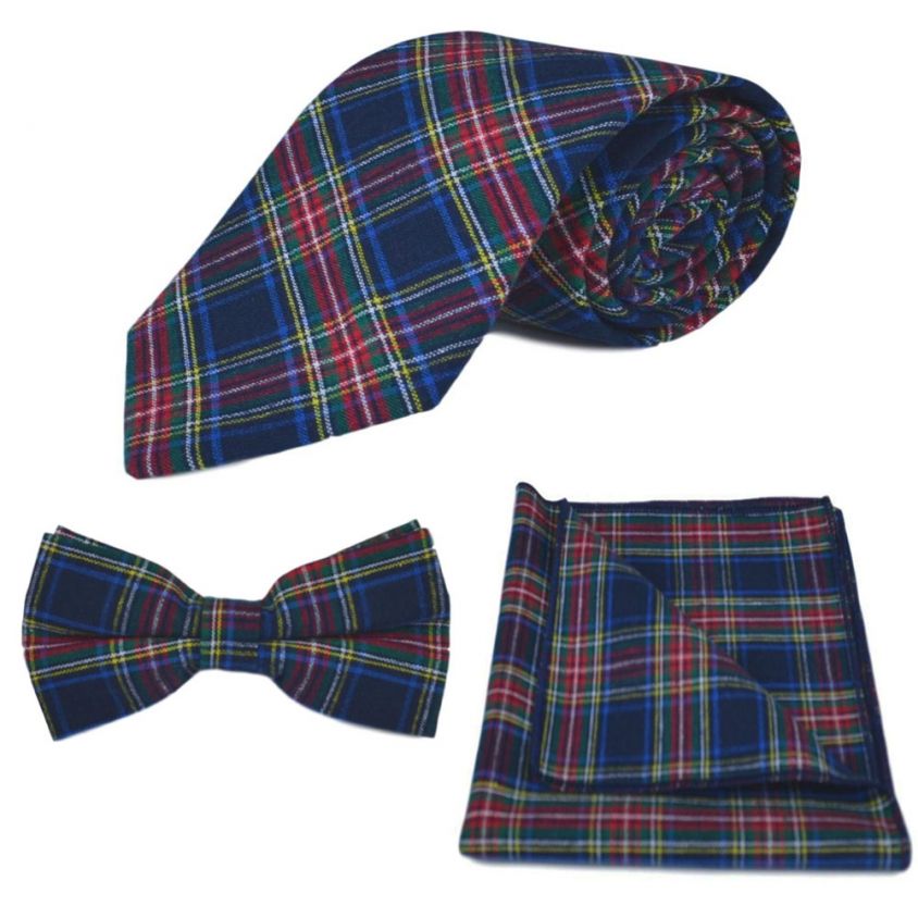 Traditional Navy Blue Tartan Tie, Bow Tie & Pocket Square Set