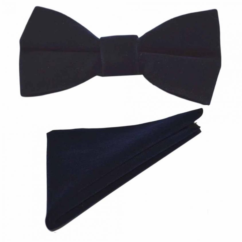 Navy Blue Velvet Bow Tie & Pocket Square Set
