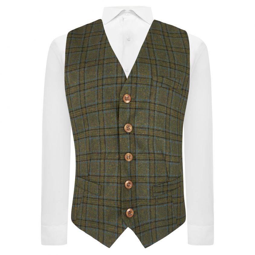 Olive Green & Brown Check Waistcoat