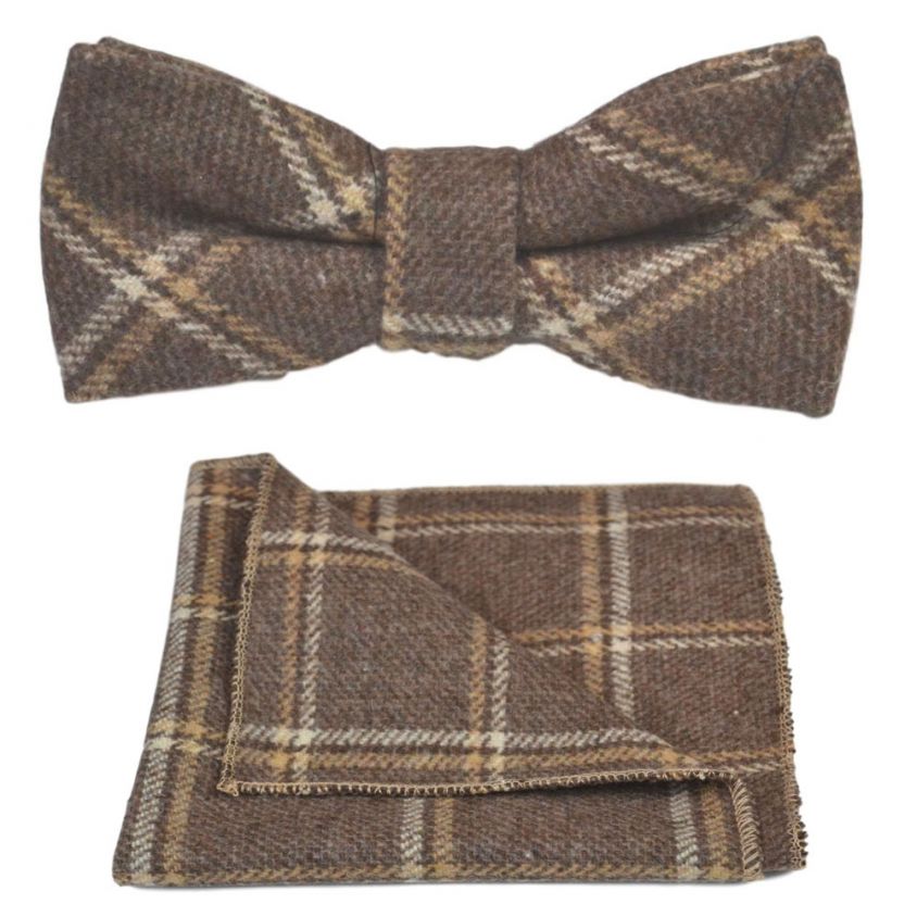 Heritage Pecan Brown Check Bow Tie & Pocket Square Set