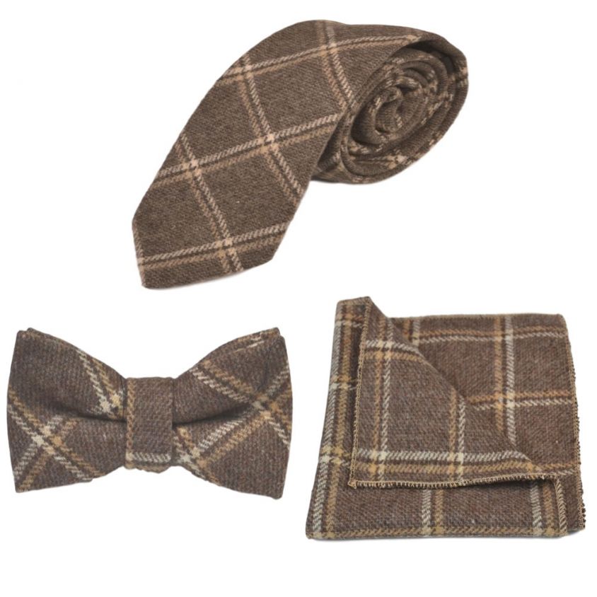 Heritage Pecan Brown Check Tie, Bow Tie & Pocket Square Set