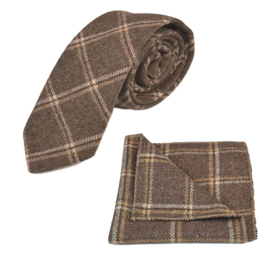 Heritage Pecan Brown Check Tie & Pocket Square Set