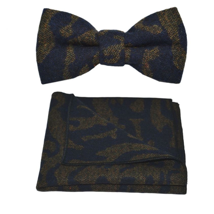 Arabic Navy Blue Pattern Bow Tie & Pocket Square Set