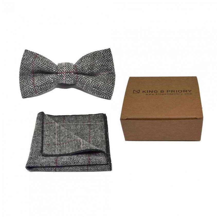 Luxury Herringbone Pewter Grey Bow Tie & Pocket Square Set | Boxed
