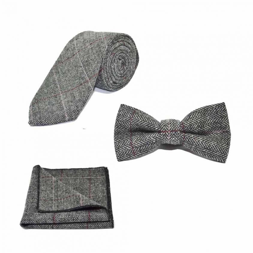Luxury Herringbone Pewter Grey Bow Tie, Tie & Pocket Square Set