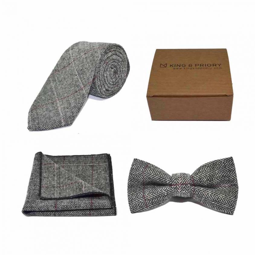 Luxury Herringbone Pewter Grey Bow Tie, Tie & Pocket Square Set | Boxed