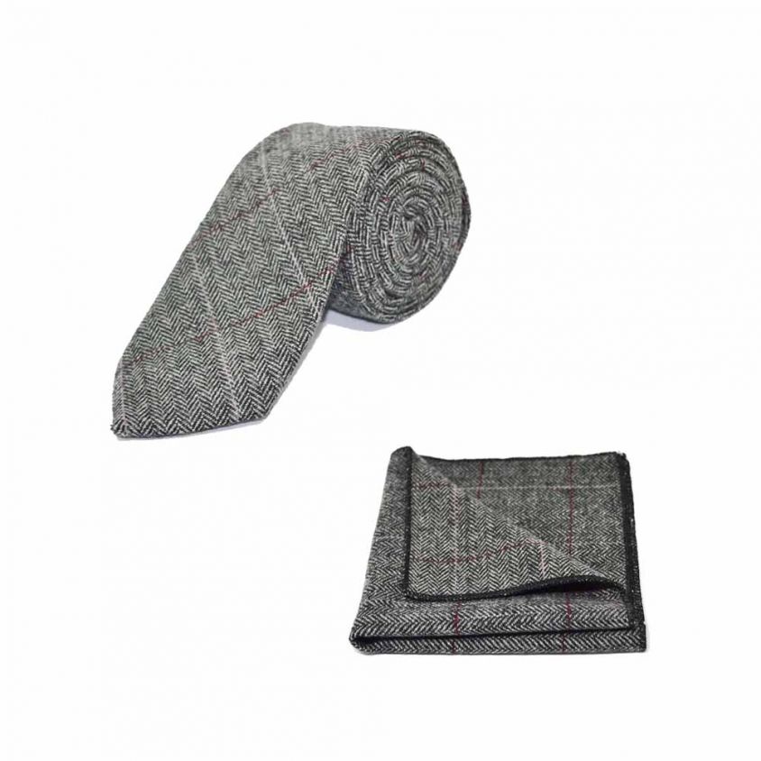 Luxury Herringbone Pewter Grey Tie & Pocket Square Set