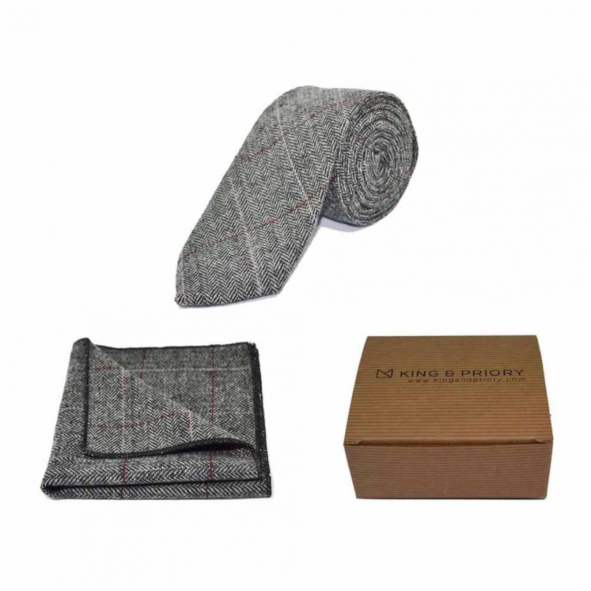Luxury Herringbone Pewter Grey Tie & Pocket Square Set | Boxed