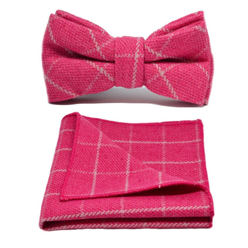 Fuschia Pink Birdseye Check Bow Tie & Pocket Square Set