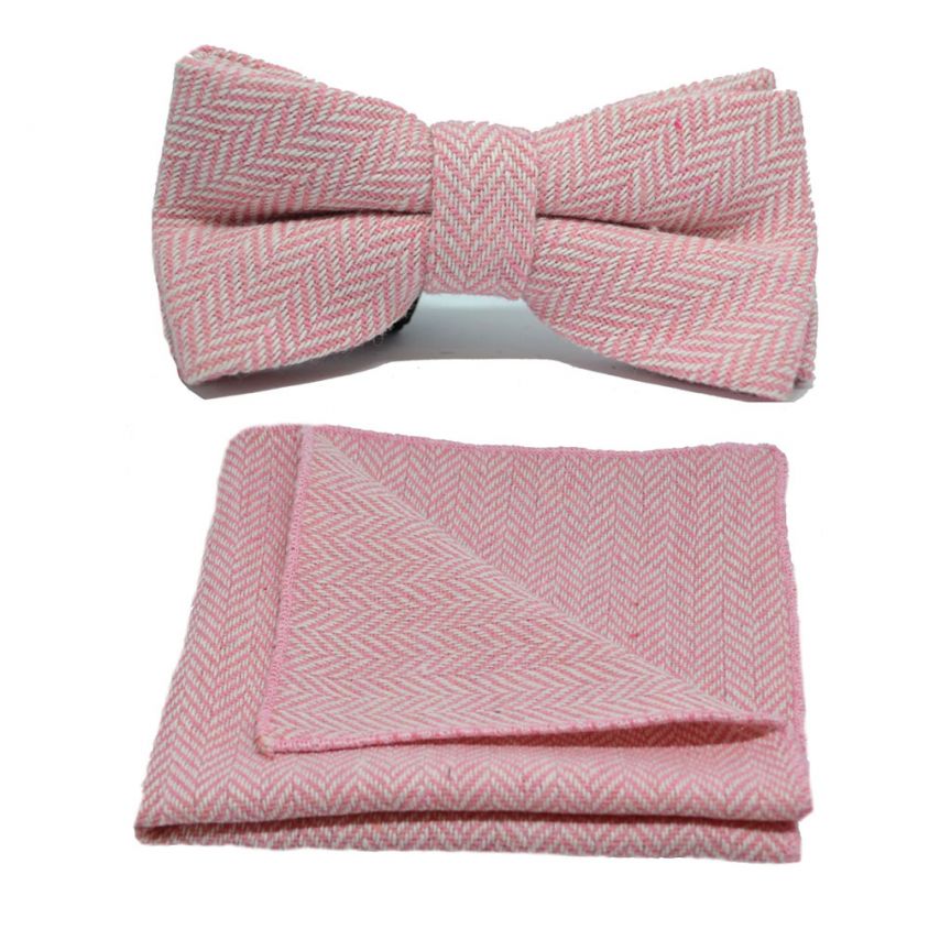 Candy Pink & Cream Herringbone Bow Tie & Pocket Square Set